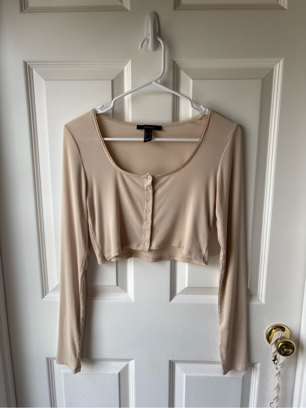 Forever 21 Beige Cropped Snap-Front Long Sleeve Top